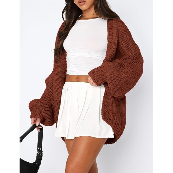 Womens Trendy Cardigan Sweaters Brown Red Long Sleeve Chunky Knit Outfits - Picture 4 of 8